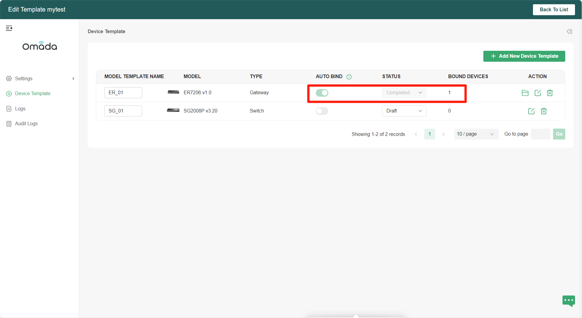 Alt text: Locate the auto bind button and status button in this page.