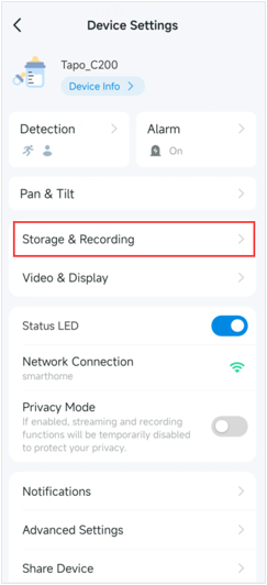 Display location of storage and recording function in camera setting’s page.