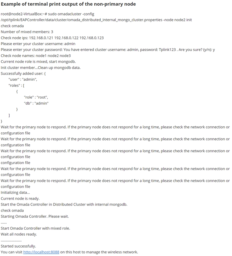 Example of terminal print during non-primary node initialization.