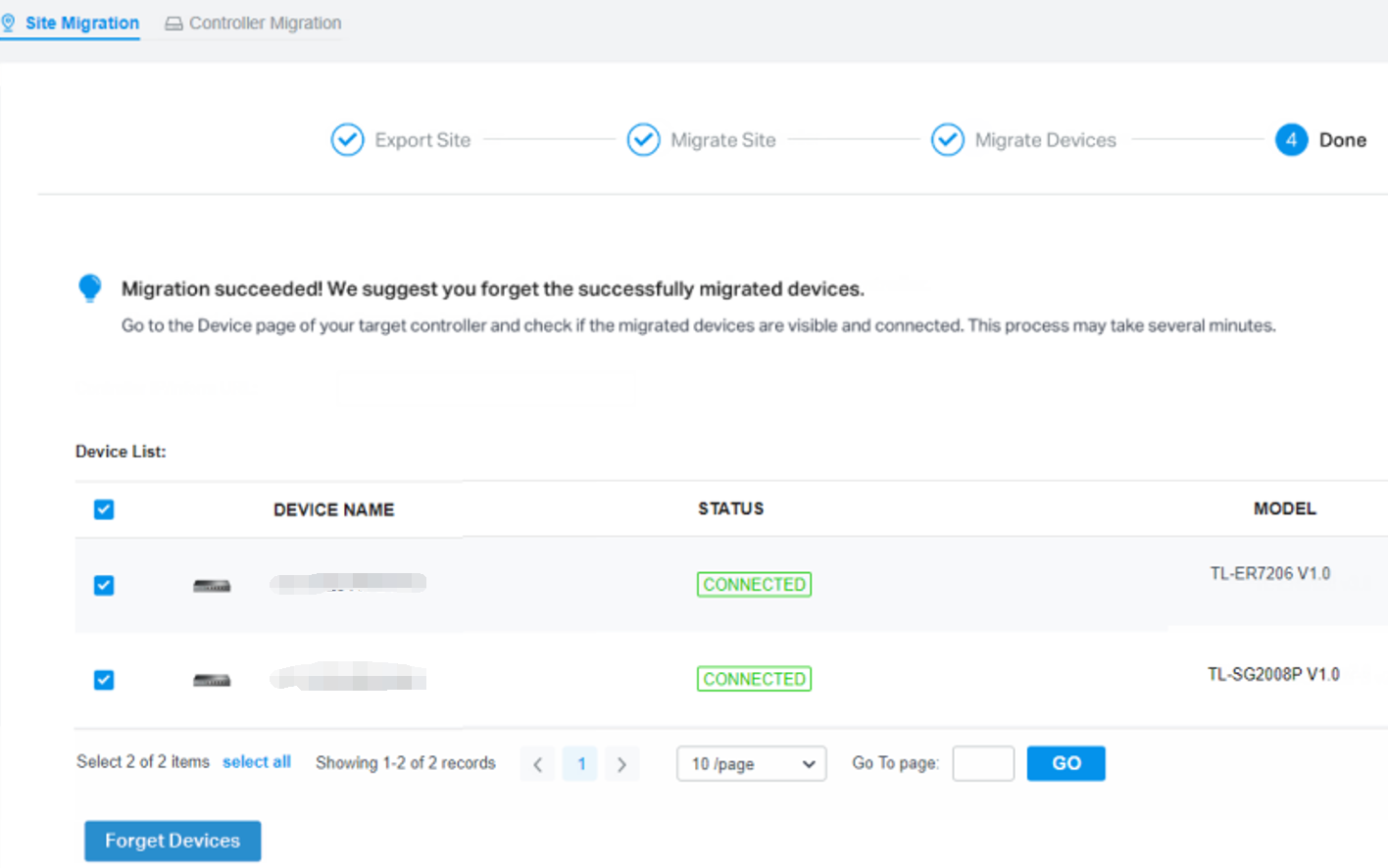 Screenshot of Omada Controller Site Migration interface at Done step, showing successful migration with list of connected devices and forget devices option.